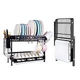 2 Tier Dish Rack Foldable,DERUI CREATION 304 Stainless Steel Large Folding Dish Drying Rack with Drain Board, Utensil Holders for Kitchen Counter（Black）