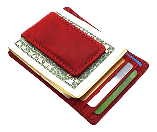 MARSHAL Genuine Hunter Leather Money Clip Front Pocket ID Wallet Strong Magnet (Red)2