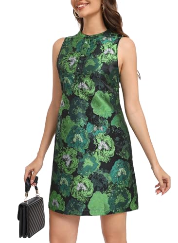 Ladyful Sleeveless Dress for Women Floral Jacquard Shift Dress Elegant Button Up Crewneck Tank Summer Mini Dresses4