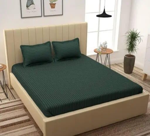 Image of DECOR2ADMIRE 300 TC Premium Glace Cotton All Round Elastic Fitted Plain Stripe Pastel Shades Queen Size Bedsheet with 2 Pillow Covers (Dark Green, Queen 90 inch x 100 inch)