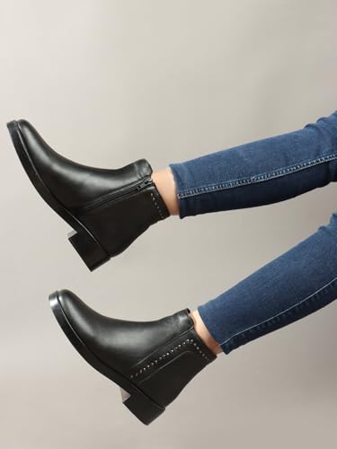 Image of ELLE Women Studded Low Block Heel Ankle Boots with Side Zipper