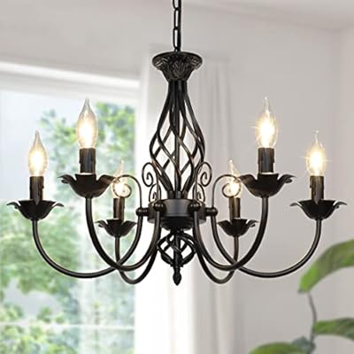6-Light Farmhouse Candle Chandelier for Living Room, Rustic Industrial Pendant Ceiling Light fixture, Vintage Hanging Lamp for Bedroom Hallway Kitchen Dining Room Foyer, Matte Black E12 Socket