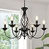 6-Light Farmhouse Candle Chandelier for Living Room, Rustic Industrial Pendant Ceiling Light fixture, Vintage Ceiling Hanging Lamp for Bedroom Hallway Kitchen Dining Room Foyer, Matte Black E12 Socket