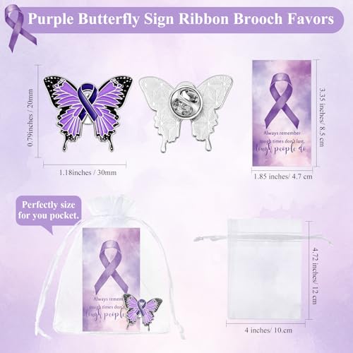 Harloon Purple Awareness Butterfly Pins Domestic Violence Awareness Pins Epilepsy Pancreatic Cancer Brooch with Cards Organza Bags for Raise Awareness Charity Event Fundraise Gathering2