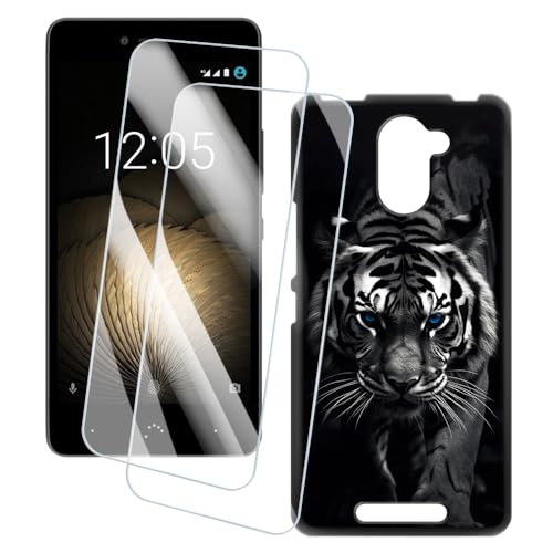 OAGELIM 2 Piezas Protector de Pantalla + Funda Compatible con BQ Aquaris U Plus (5 Pulgada) Funda Impresión Artística Personalizada y Cristal Templado (Tigre)