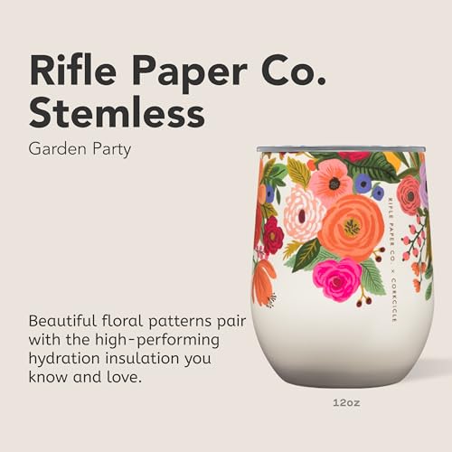 Corkcicle Stemless Insulated Wine Glass Tumbler - Keeps Beverages Cold 6 Hrs Hot 3 Hrs - Stainless Steel - Easy-Grip - Summer Drinkware Gift - Keeps Drinks Ice Cold - 12 oz - Garden Party