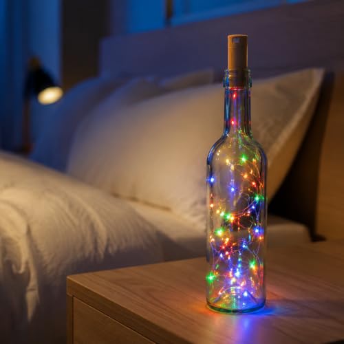 Image of fizzytech Wine Bottle Cork Copper Wire Fairy String Lights Pack of 10, 2 Meter Battery Operated Multicolour Lights for Party, Wedding & Romantic Decor - 20 LED