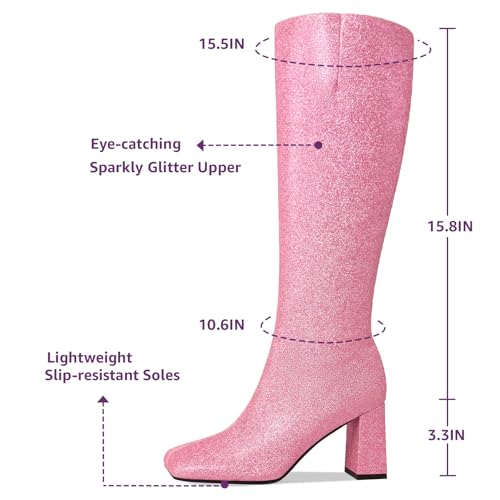 Sparkly Knee High Boots for Women with Chunky Block High Heel 3.3In, Sequin Glitter Gogo Boots Tall Boots Side Zipper Square Toe, Bling Faux Leather Below the Knee Long Boots2