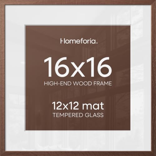 Image of Homeforia 16x16 Brown Picture Frame, High End Dark Oak 16 x 16 Square Wood Frame with Mat 12 x 12 for Photo, 16by16 Wooden Walnut Poster Frame Matted to 12x12 Print, Tempered Glass, Wall Kit, Set of 1
