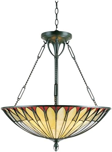 Quoizel Alahambre Pendant Lighting, 25 Inch 4-Light Vintage Bronze Traditional Chandelier with Multicolored Tiffany Glass, Max Hanging Height 76.5", Hanging Light for Foyer, Living Room, or Office