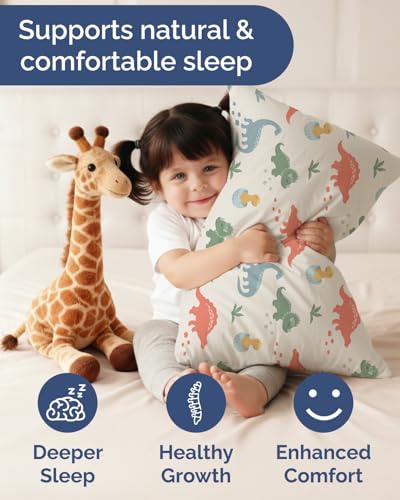 Toddler Pillow with Dinosaur Microfiber Pillowcase - 13x18 Small Kids Pillow for Sleeping, Travel, Car, Nursery & Toddler Bed - Soft & Fluffy - Ideal for Crib & Cot - Machine Washable - Ages 2 and Up - Image 5