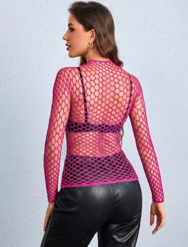 Image of Avidlove Women's Sexy Fishnet Mesh Long Sleeve Tops Mock Neck Sheer Lace See-Through Blouse Bodycon Clubwear Party Tops