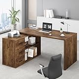 HSH Eckschreibtisch mit Stauraum Modern Schreibtisch L Form für Homeoffice mit Schubladen und Regalen Computertisch Holz für Arbeit Studium Schlafzimmer Wohnzimmer Rustikal Braun 140 cm