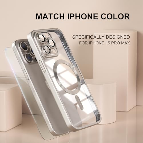 Image of Misea Magnetic for iPhone 15 Pro Max Case Compatible with MagSafe | Never Yellowing, Military Drop Protection, Full Camera Lens Protector Plating Soft Clear Phone Case Women, Titanium Natural