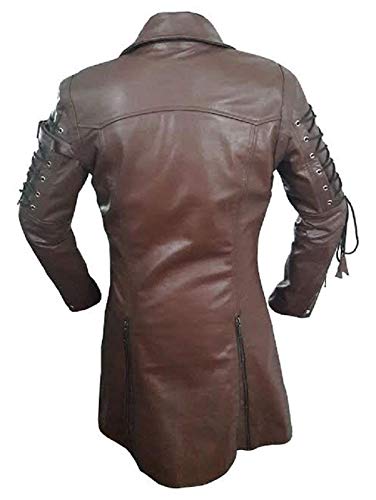 AREENO Men's Sexy Brown Real Leather Gothic Steampunk Matrix Trench Coat2