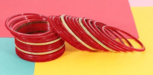 Image of NMII Glass Bangles For Women and Girls with Velvet and Golden Ballchain Linked | Plain Glass Bangles | Velvet Chudi Set | Bangles For Women | Stylish Glass Chudi Bangles- Set of 28