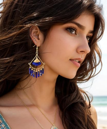 Lapis Lazuli Earrings - Bohemian Style Handmade Long Tassel Earrings - Emperor Stone Earrings For Women2