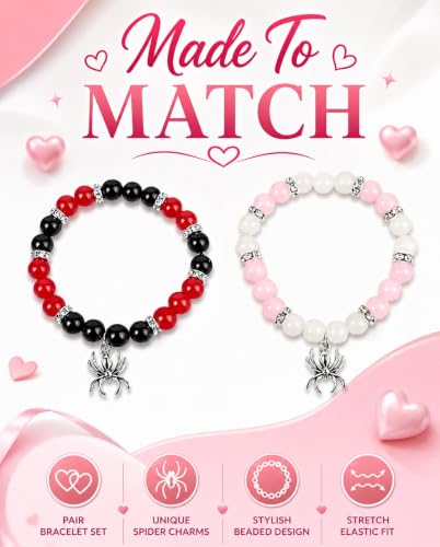 Image of Spider-Man Inspired Couple Bracelets 2pcs - Magnetic Attraction Heart Charm, Glass Beads, Spider Pendant, Marvel Theme Party Accessory, Valentine's Day Gift, Suitable for All Seasons