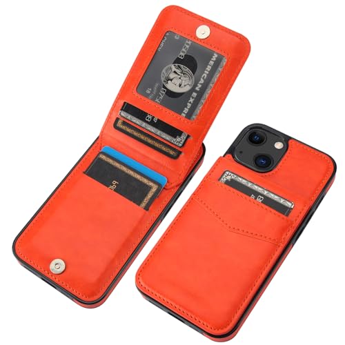 Image of KIHUWEY Compatible with iPhone 13 Case Wallet with Credit Card Holder, Premium Leather Magnetic Clasp Kickstand Heavy Duty Protective Cover for iPhone 13 6.1 inch (Orange)