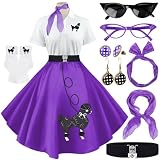 VillbeCoser Sock Hop Outfits Women, 1950s Poodle Skirts, Polo Shirt with 50s Accessories Socks Scarf Headband Belt 10Pcs (Purple-M)