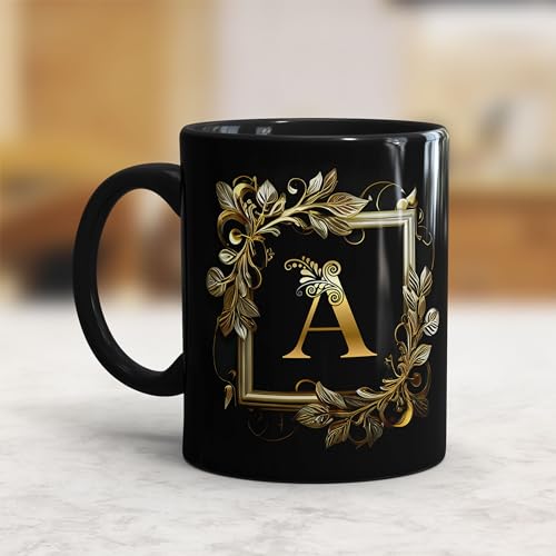 Image of Golden Floral Alphabet Letter A Printed Coffee Mug Gift for Girl, boy,Wife,Husband,Girlfriend Boyfriend,Kids,Brother,Sister,Love and Valentines Day - 1pcs, Black, 330ml (AL-A)