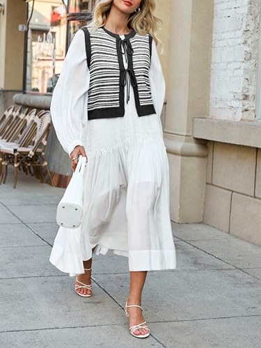 Image of Yousify Womens Tie Front Tops Chunky Sleeveless Sweaters Striped Summer Sweater Tanks ColorBlack Crop Cardigan Black L