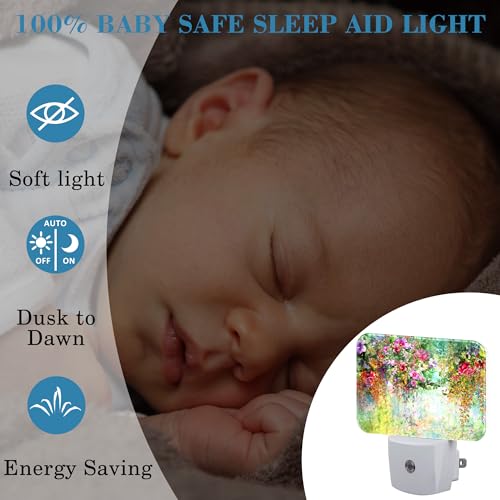 Image of Abstract Watercolor Flowers Night Light Flowers Oli Painting Nightlight Plug into Wall with Dusk to Dawn Sensor for Kid Girls Boys Women Men Room, Hallway, Kitchen, Bathroom, Stairs Decor