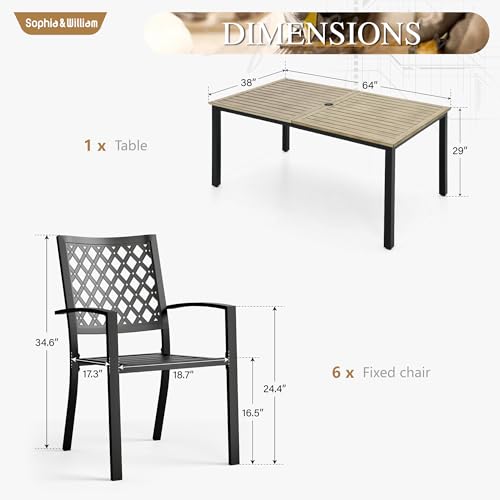 Image of Sophia & William Patio Dining Set Outdoor Table and Chairs 7 Piece Metal Patio Table Furniture Set with Large Rectangular Dining Table for 6 Person and Stackable Outdoor Chairs Support 300LBS (Balck)