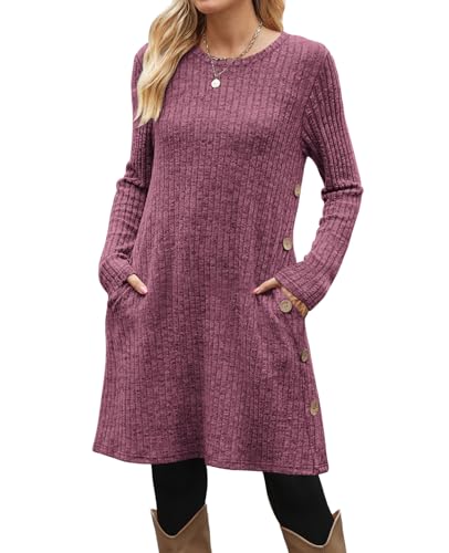 Image of OFEEFAN Fall Dresses for Women 2026 Crew Neck Long Sleeve Dress with Pockets