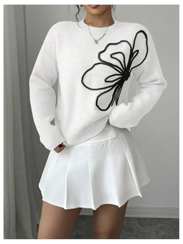 Image of RoseSeek Women's 3D Floral Appliques Crewneck Sweaters Long Sleeve Drop Shoulder Pullovers Elegant Knit Tops