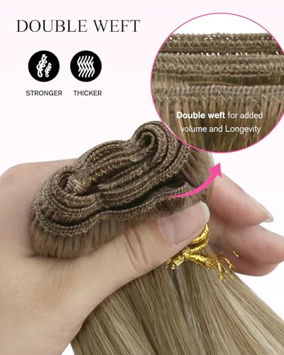 Image of YoungSee Sew in Hair Extensions Real Human Hair Brown Blonde Hair Extensions Weft Light Brown Balayage Platinum Blonde Balayage Weft Hair Extension Human Hair for Full Head 20 Inch 100g