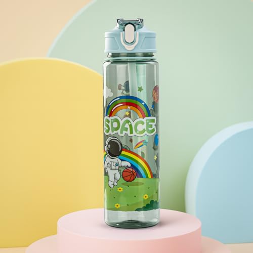 Image of BAYBEE Galaxy Kids Water Bottle 800ml | Leak-Proof Baby Sipper Bottle with Flip Lock Lid & Silicone Straw | BPA-Free School Water Bottle for Boys & Girls, Drinking Training Sipper Bottle Kids (Green)