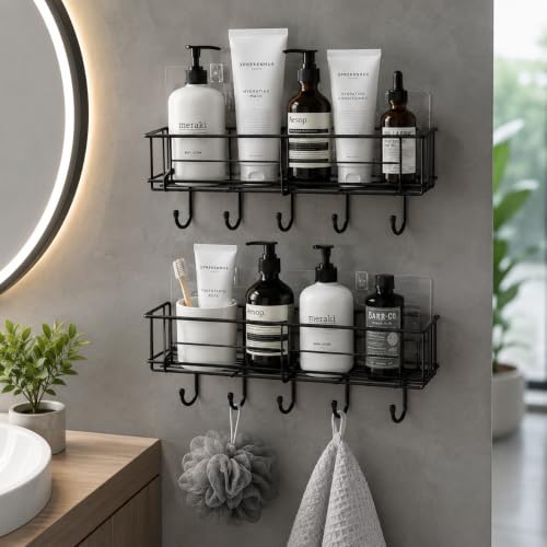 Stainless Steel Self Adhesive Bathroom Shelf with Hooks, Wall Mou...