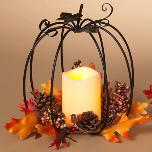 One Holiday Way 12-Inch Black Metal Pumpkin Candle Holder with LE...