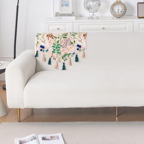 Image of HOKIPO Premium Sofa Backrest Cover Mat | Printed Holland Velvet with Tassels | 'Whispers of Nature' Beige Woodland Bloom (IN-1116-D4)