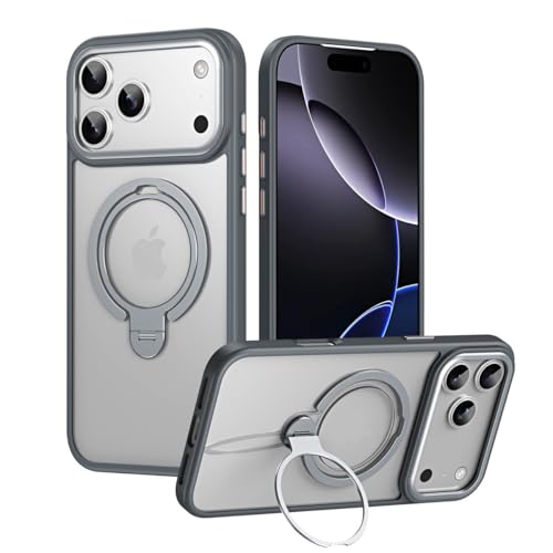 Coque iPhone 17 Pro gris rigide avec anneau support transparent givré