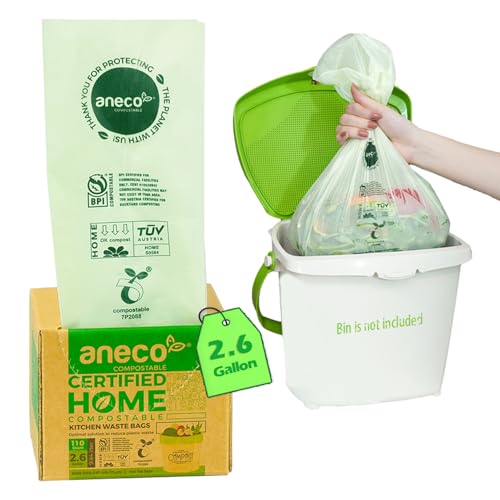 (Include 10 Bonus Bags) ANECO 100% Compostable Waste Bags 2.6 Gallon, Extra Thick Kitchen Small Compost Bags for Countertop Bin, 110 Count (100 + 10 Extra)