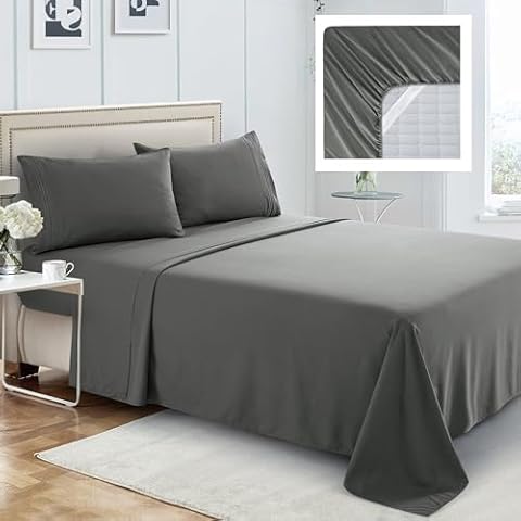 King Sized Sheets Set - 4 Pieces - Double Brushed, 2200 Series, High Thread Count Microfiber Fabric - Double Elastic Corners - Four Lines Embroidery - Wrinkle Free - Fade, Stain Resistant (King, Gray) Cover