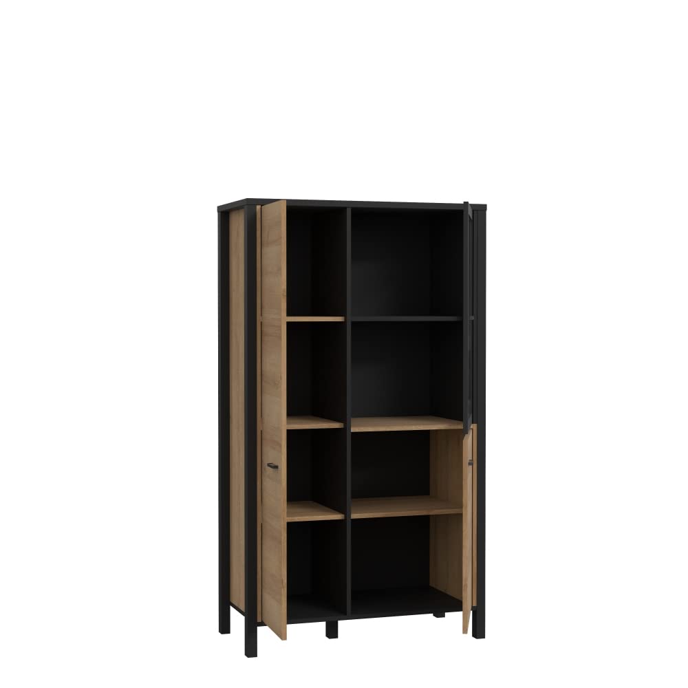 FORTE HIGH ROCK Vitrine mit 2 Türen und 1 Glastür, Holzwerkstoff, Schwarz / Riviera Eiche, 86.3 x 152.3 x 40.2 cm
