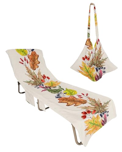 Thanksgiving Beach Chair Towel Covers for Chaise Lounge With Side Pocket, Soft Plush Pool Towels Cover for Patio Sunbathing Outdoor 29''x85'' Farmhouse Fall Leaves Harvest Autumn