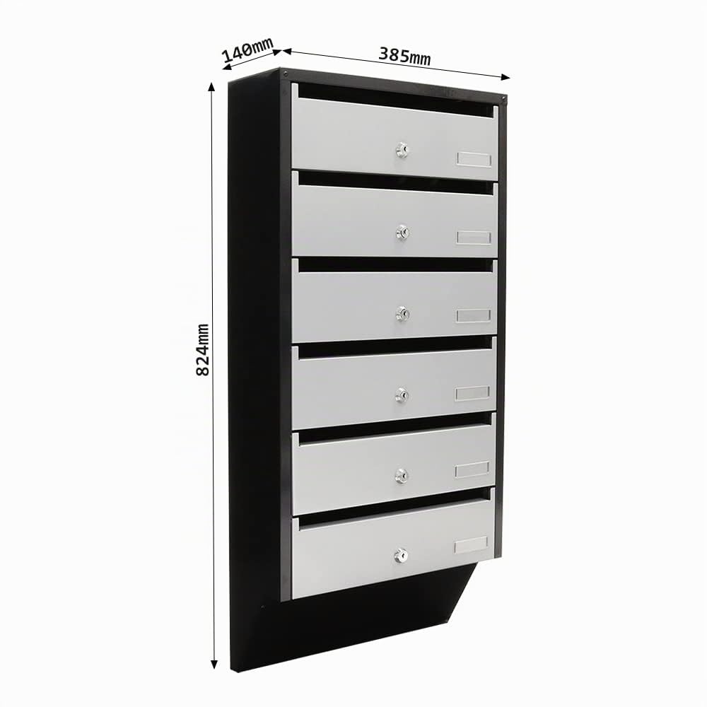Rottner cassetta postale condominiale Depot 6 con 6 alloggi, struttura in lamiera d'acciaio, targhette portanome, apertura frontale superiore, 6 serrature a cilindro, Argento/Nero, 824x385x140 mm