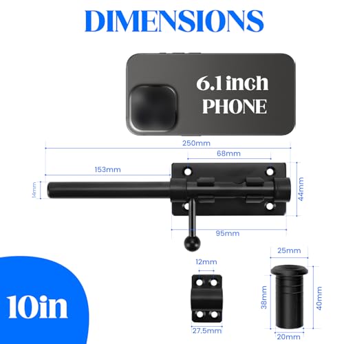 Image of Barrel Bolt Latch, 10 inch Heavy Duty Gate Latch Slide Lock Solid 304 Stainless Steel Bolt Lock for Inside Door, Black Finished Shed Door Latch(2 Pack)