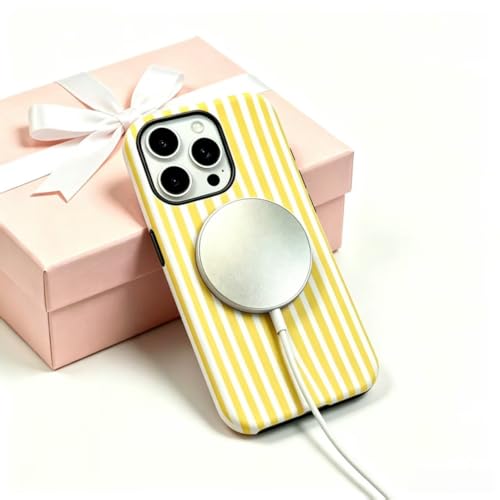 Image of for iPhone 16Pro Case Cute Phone Case,Compatible with MagSafe,Dual Layer Shockproof Protective Phone Cover,Hard Shell + Silicone Cover,Fashion Design for Women Girls,Striped Yellow