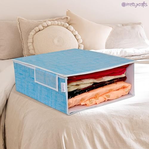 Image of PRETTY KRAFTS Stackable Fabric Saree Storage Organizer for wardrobe, Clear front window with Lid, Stackable organizers, Perfect to organize sarees in a wardrobe, Set of 3, JuteBlue