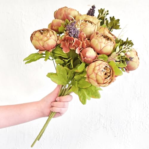 Image of FiveSeasonStuff Tawny Brown Artificial Peony Bouquets, 2 Silk Flower Bundles with Hydrangea Accents for Wedding Centerpieces & Home Decor