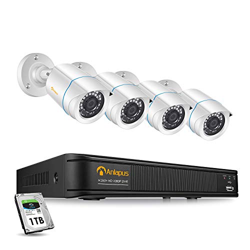 Anlapus 1080P Sistema de Videovigilancia 8 Canales Grabador DVR con 4 Cámaras Exterior Blancas, 1TB Disco Duro, Visión Nocturna, App Gratis