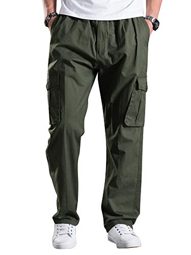 Mesinsefra Men's Pull On Cargo Pants Elastic Waist Lightweight Work Casual Cotton Lounge Relaxed Fit Pant Army Green 40