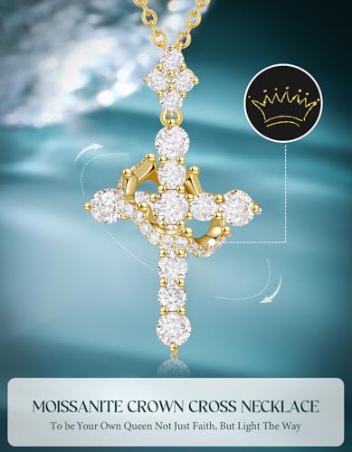 YIMERAIRE Upgraded Moissanite Crown Cross Necklace 14K Gold Vermail 1.1 Carats Dainty Iced Out Christian Faith Cross Jewelry S925 Sterling Silver Simple Gold Moissanite Cross Pendant Necklace For Women 6