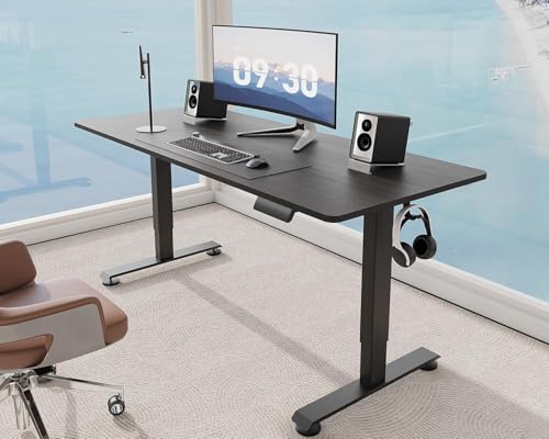 Image of Veken 55 Inch, Height Adjustable Sit Stand Up, Wood Desktop, Work Home Office Computer PC Table, Tall Standup Workstation, Gaming Writing Study Bedroom Rising Desks, Black