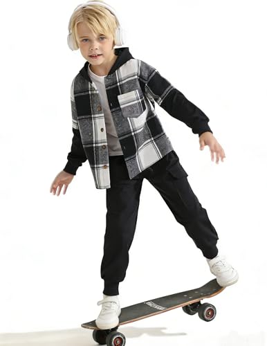 Image of 2Pcs Boys Clothes Sweatsuit Set Hoodie Flannel Plaid Shirt and Jogger Pants for Kids Fall Winter Spring Outfits